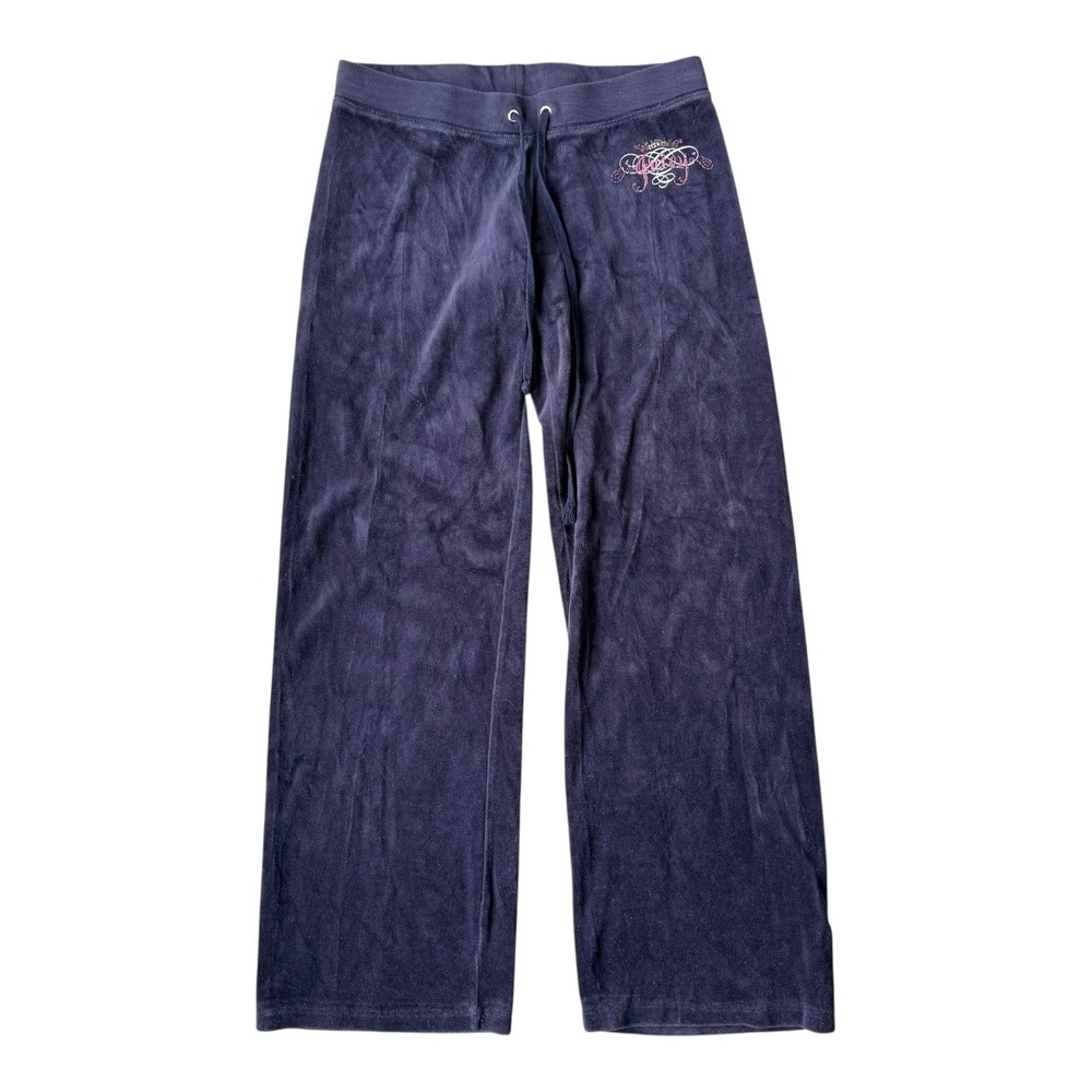 Juicy Couture Y2K Navy Velour Track Pants Low Rise Wide Leg Hemmed 26.5" inseam